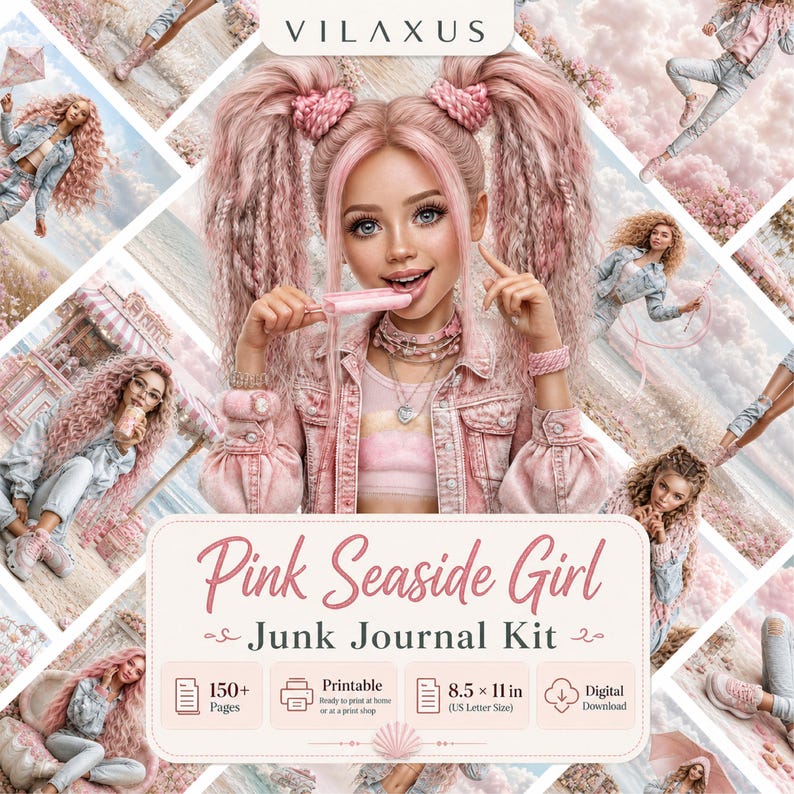 Pink Seaside Girl junk journal kit preview