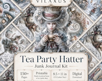 Winter Tea Party Hatter Junk Journal Kit, door Alice geïnspireerde steampunk ephemera (digitale download)