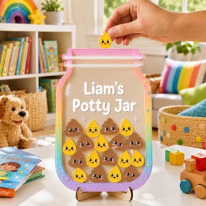 May include: A clear acrylic jar-shaped reward board with a rainbow-colored border, featuring the text 'Liam's Potty Jar' in white. The board contains multiple brown poop-shaped and yellow droplet-shaped tokens with smiling faces.