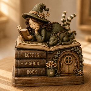 以下が含まれることがあります： 緑色の帽子をかぶった人物が、LOST IN、A GOOD、BOOKと書かれた3冊の本の山の上で本を読んでいる装飾的なフィギュア。隣には小さな緑色のドラゴンが横たわっており、側面にはミニチュアの木製ドアが組み込まれている。