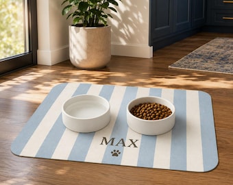 Personalized Dog Food Mat, Custom Pet Bowl Feeding Mat, Modern Striped Dog Placemat, Waterproof Non Slip Dog Bowl Mat, New Dog Owner Gift