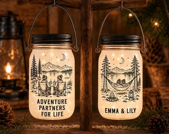 Lámpara personalizada para parejas acampando en tarro de cristal, compañeros de aventura para toda la vida, regalo personalizado para excursionistas, regalo de aniversario, boda, San Valentín o para tu mejor amigo/a.