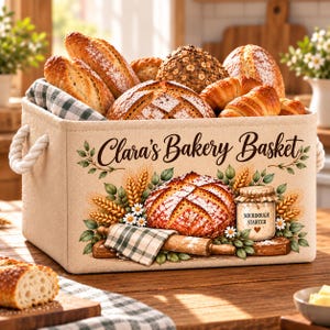 May include: A rectangular beige fabric storage basket with white rope handles, printed with the text 'Clara's Bakery Basket' and illustrations of bread, wheat, a rolling pin, and a jar labeled 'Sourdough Starter' filled with assorted bread.