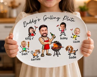 Personlig grilltallrik med barnansikten, Anpassad grilltallrik för pappa, fars dag-present, Grilla med pappa-tallrik