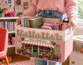 Custom Birth Month Flower Book Storage Basket, Floral Bookstore Toy Bin, Personalized Reading Nook Decor, Bookish Gift for Girl Kids Teacher
