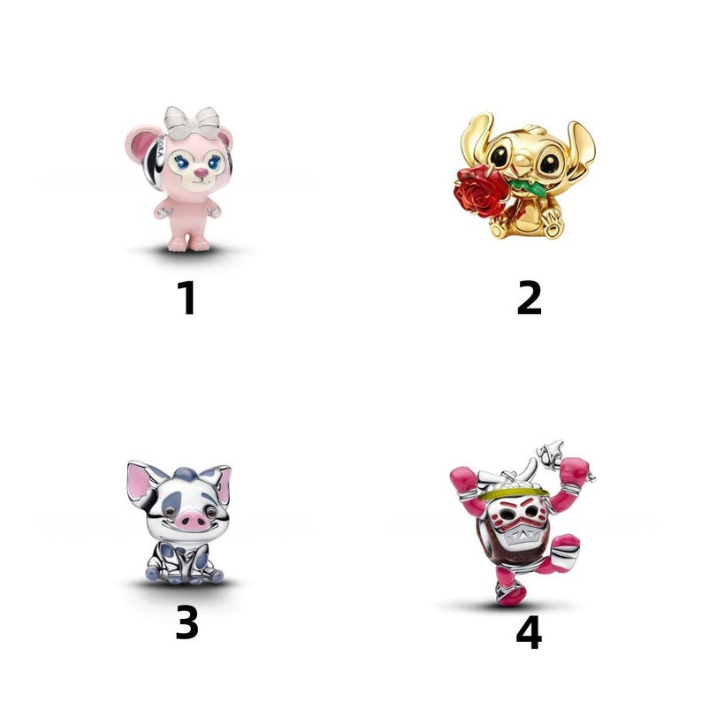 May include: Four metal charms labeled 1 through 4. Charm 1 is a pink and silver character with a bow. Charm 2 is a gold character holding a red rose. Charm 3 is a silver and pink piglet character. Charm 4 is a colorful character wearing a mask.