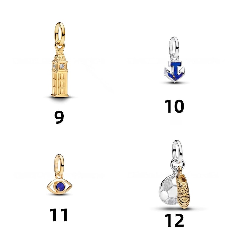 May include: Four metal charms labeled 9 through 12. Charm 9 is a gold clock tower. Charm 10 is a silver anchor with blue enamel. Charm 11 is a gold eye shape with a blue center. Charm 12 features a silver soccer ball and a gold soccer cleat.