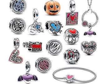Srebrny wisiorek artystyczny 925, pasuje do bransoletki Pandora, serce w stylu pop-art, szczekający pies, dynia, koralik na Halloween, biżuteria DIY, prezent dla miłośników sztuki