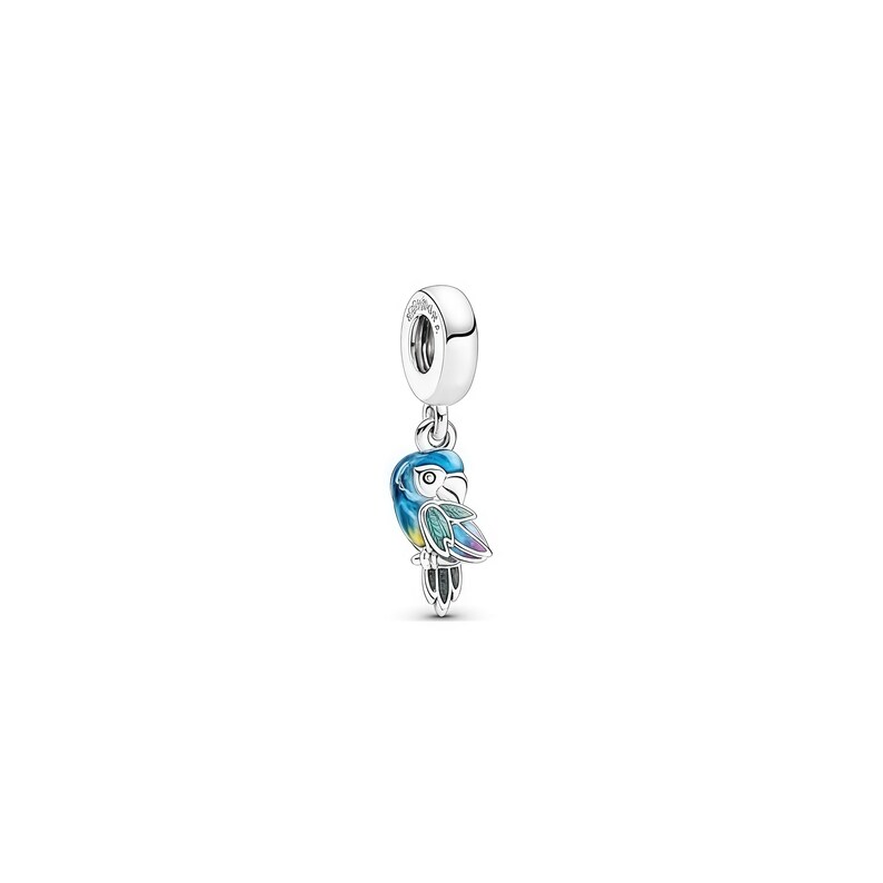Pu&ograve; includere: Un charm in argento con un design di pappagallo colorato. Il pappagallo ha piume blu, gialle e viola e un becco bianco. Il charm &egrave; sospeso a un anello d'argento, perfetto per un braccialetto o una collana.