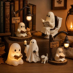 Lindas figuritas de fantasmas de Halloween, decoración de fantasmas leyendo, fantasma con perro, gato o linterna, adorno espeluznante para estante, decoración acogedora para el hogar en otoño