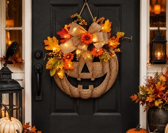 Enfeite de porta de abóbora iluminado para o Halloween, guirlanda de abóbora iluminada, decoração de porta de entrada de outono, decoração de parede estilo fazenda para o outono, decoração de varanda de colheita