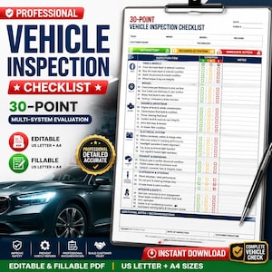 Könnte beinhalten: Eine professionelle Fahrzeugprüfungs-Checkliste mit einer 30-Punkte-Multi-System-Bewertung. Die Checkliste umfasst Abschnitte für Reifen, Bremsen, Motor, Elektrik, Auspuff, Federung und Innenraum. Das Dokument ist editierbar und ausfüllbar in US Letter und A4 Formaten.