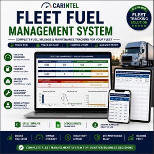 Könnte beinhalten: Ein Carintel Flotten-Kraftstoffmanagementsystem mit Laptop, Tablet und Smartphone, die Daten-Dashboards, Diagramme und Kraftstoffprotokolle anzeigen. Die Benutzeroberfläche enthält Text zur Verfolgung von Kraftstoff, Kilometerstand und Wartung.