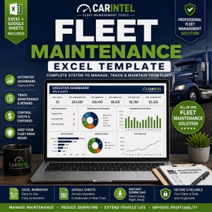 Puede incluir: Una plantilla de Excel para el mantenimiento de flotas mostrada en una pantalla de portátil, con un panel de control ejecutivo con gráficos, KPI y alertas de mantenimiento. La imagen incluye textos que detallan funciones como paneles automatizados, seguimiento de costes y compatibilidad con Google Sheets.