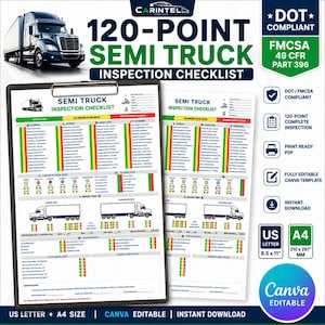 May include: A 120-point semi truck inspection checklist template on a clipboard, featuring sections for exterior, interior, engine, and suspension checks. The document includes diagrams of a semi truck, status indicators, and DOT compliance text.