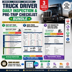 May include: A digital bundle of three truck driver daily inspection and pre-trip checklist templates. The documents include a heavy duty truck inspection checklist, a quick truck inspection checklist, and a fleet manager pro heavy duty truck inspection report. The design features a semi-truck image, text headers, and checkboxes for vehicle maintenance tracking, available in A4 and US letter sizes.