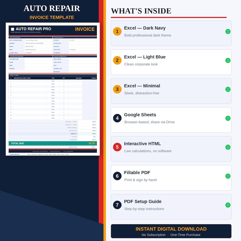 Auto Repair Invoice Template, Mechanic Service Bill (excel, Google ...