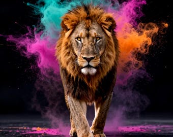 Pacchetto di stampe murali con leoni al neon e animali della savana colorati (download digitale)