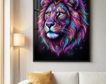 Neon Boho Safari Animal Wall Art Printable Set — Lion Horse Cheetah Elephant — Boho Dot Mandala Digital Download — Instant PDF Print