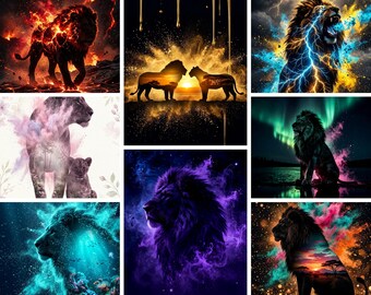 Colorful Lion Printable Wall Art, African Wildlife Poster Bundle, Neon Safari Decor, Digital Download for Living Room