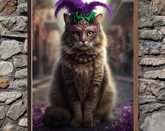 Poster del gatto di Carnevale / Decorazione murale felina per festa in maschera (Download digitale)