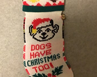 80s 90s Machine Knit Dogs Have Christmas Too Stocking Stockings Tree Santa Claus Red Green Tacky Gaudy Ugly X-Mas Sweater Party