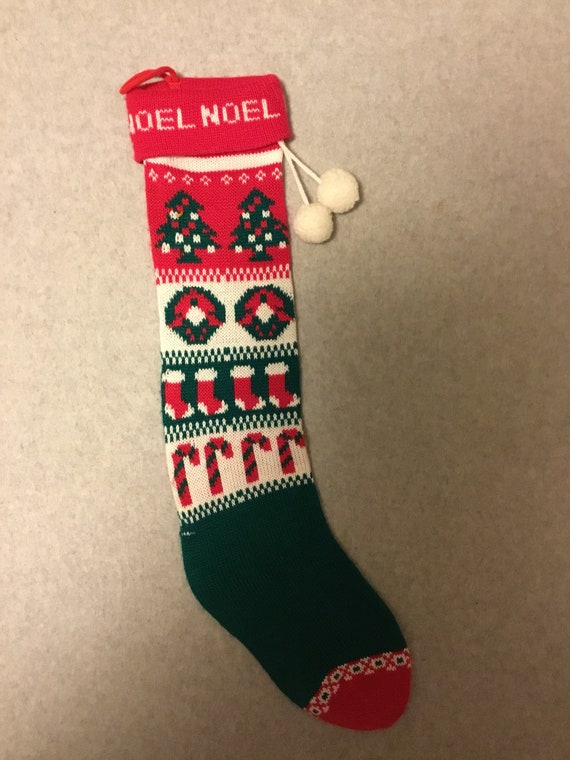 Vintage 80s 90s Machine Knit Merry Christmas Noel Stocking Red Etsy