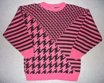 80s 90s Pink Zig Zag Hipster Striped Black Stripes Abstract Sweater Tacky Gaudy Ugly Christmas Party X-Mas Cute Made In USA S Small M Medium