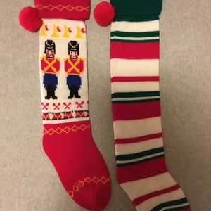 Lot of 2 80s 90s Machine Knit Soldier Boy Soldiers Nutcracker Christmas Stocking Stockings Tree Santa Red Green Tacky Gaudy Ugly X-Mas