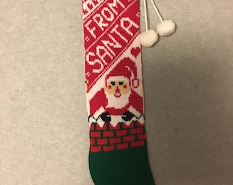 Vintage 80s 90s Machine Knit Christmas Stocking From Santa Claus Red Green White Tacky Gaudy Ugly X-Mas Sweater Party Decoration