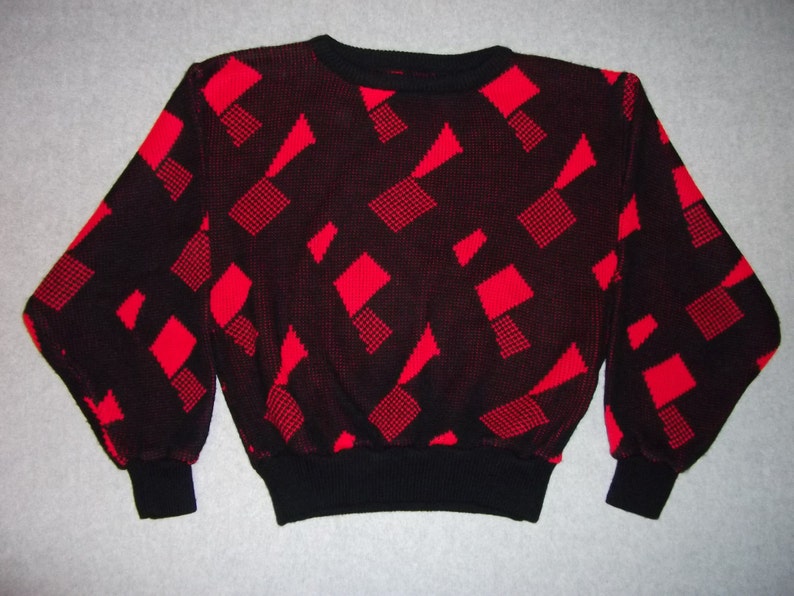 Abstract 1980s 1990s Squares Triangles Red Black Hipster 80s 90s Sweater Rock Star Winter Ugly Christmas Party Tacky Gaudy X-Mas S Small