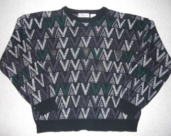 80s 90s Hipster Leather Sweater Flying V Triangles Tacky Gaudy Ugly Christmas Party X-Mas 1980s 1990s Geometric Abstract Winter Warm L Large