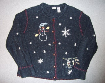 Snowman Snowflake Sweater Long Sleeve Ugly Christmas Party Tacky Gaudy X-Mas Button Up Winter Warm L Large 14-16