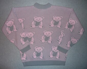 Amazing Hipster Kawaii Cute Pink Bears Grey Striped Sweater Tacky Gaudy Ugly Christmas X-Mas Party Beautiful Made In USA S Small M Medium