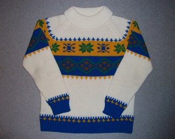Vintage 60s 70s Nordic Aztec Ski Sweater Long Sleeve Turtleneck Yellow Blue Ugly Christmas Party Tacky Gaudy X-MasWinter S Small M Medium