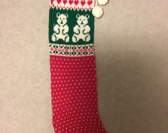 Vintage 80s 90s Machine Knit Christmas Stocking Teddy Bear Santa Red Green White Tacky Gaudy Ugly X-Mas Decoration L Large