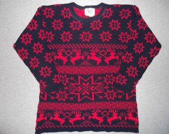 Vintage 80s Amazing Nordic Reindeer Sweater Navy Blue Red Ski Beautiful Tacky Gaudy Ugly Christmas X-Mas Party Winner Made In USA L Large