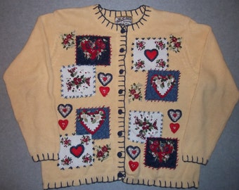 Heart Attack Valentines Love is in the Air Cupid Yellow Sweater Long Sleeve Button Up Tacky Gaudy Ugly Christmas Sweater Party X-Mas L Large