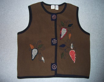 Brown Fleece Button Up Vest w/ Flower Buttons Wine Tasting Fall Harvest Leaf Leaves Ugly Christmas Sweater Party Tacky Gaudy X-Mas L Large