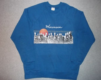 Blue Faded Wisconsin Sweatshirt Worn Horses Sunrise Tacky Gaudy Ugly Christmas Sweater Party X-Mas Made In USA Winter Warm M Medium 38-40