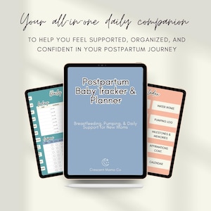 May include: A digital postpartum baby tracker and planner displayed on three tablets. The central tablet features the title "Postpartum Baby Tracker & Planner" and the text "Breastfeeding, Pumping, & Daily Support for New Moms."