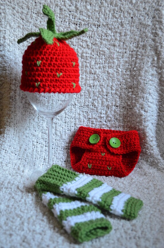 Crocheted Strawberry Hat Diaper Cover and Leg Warmers Photo Etsy