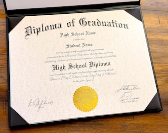 Personalized High School Diploma | Includes Embossed Gold Foil Seal & Padded Leatherette Diploma Cover