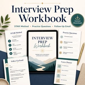 May include: An interview prep workbook with the title "Interview Prep Workbook" on a tablet, surrounded by printed worksheets. The worksheets include sections on the STAR method, practice questions, and a follow-up email template. A gold pen is also visible.