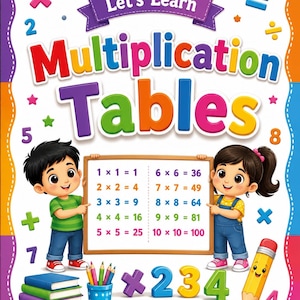 Puede incluir: Una colorida portada de libro educativo titulada Let's Learn Multiplication Tables, que muestra a un niño y una niña sosteniendo una pizarra con ecuaciones matemáticas, libros, un portalápices, un lápiz amarillo y varios números y símbolos.