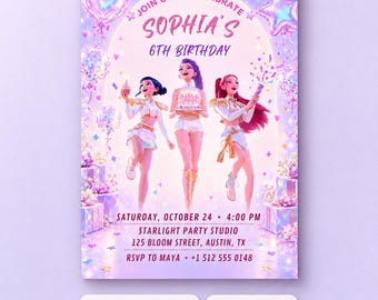 Invito di compleanno Kpop Demon Hunters, modello Canva modificabile, invito per festa a tema pop star rosa e viola, download digitale stampabile 5x7