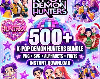 Pack de plus de 500 images PNG et SVG de chasseurs de démons Kpop (téléchargement numérique) : Huntrix, Saja, Girl Dinner