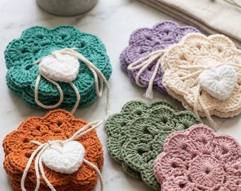 Crocheted Cotton Coaster Set with Heart Tie, Set of 5