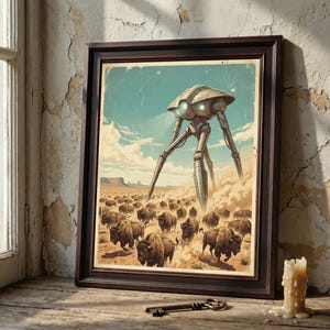 Vintage Weird West Wall Art, Tripod Alien Robot and Running Bison Desert Print
