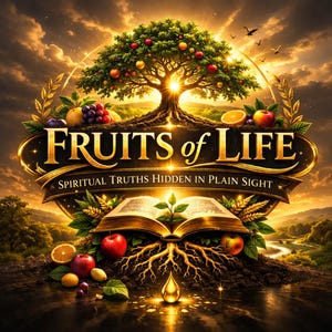 Puede incluir: Ilustración digital con un logo dorado "FRUITS of LIFE" y "Spiritual Truths Hidden in Plain Sight". La imagen muestra un árbol frutal, un libro abierto y un paisaje, todo en tonos dorados.